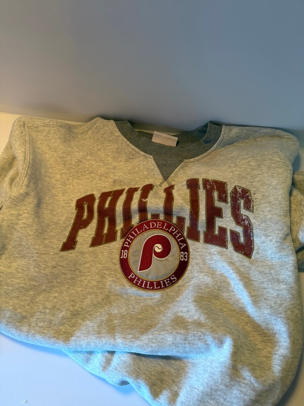 Mitchell & Ness Philadelphia Phillies Gray Crewneck Sweatshirt with Maroon Logo